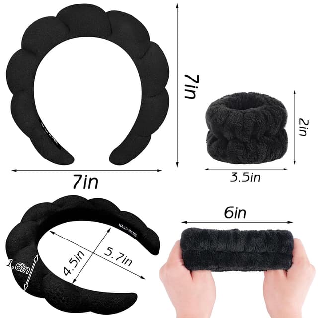 Detalle de Zkptops Spa Headband & Wristband Set for Face Washing (Black) — Terry Cloth Hair Accessory