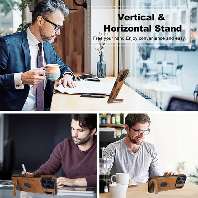 Detalle de KSELF Leather Case for iPhone 17 Pro Max (6.9") with Built-in Invisible Kickstand, Slim Protective PU Leather Case — Brown