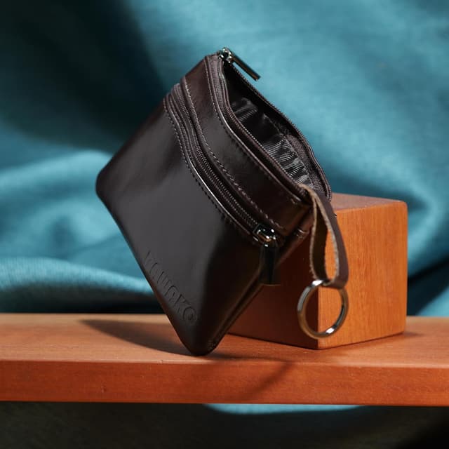 Detalle de BAWAKO portamonete in vera pelle marrone, 3 scomparti con chiusura a cerniera e portachiavi mini portafoglio