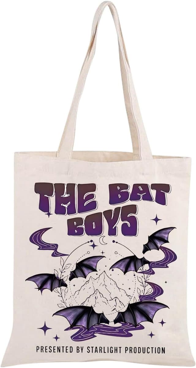 Detalle 2 de AKTAP Fantasy Book Lovers Tote Bag (Acotar Bat Boys / Velaris design) — large canvas shopping bag