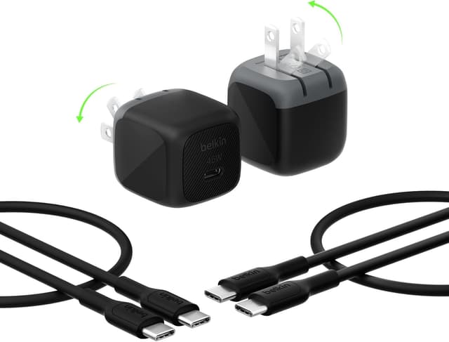 Detalle de Belkin 45W USB-C Charger Block (2-Pack) with USB-C Cable Included — USB PD 3.1 PPS Fast Charging, Black