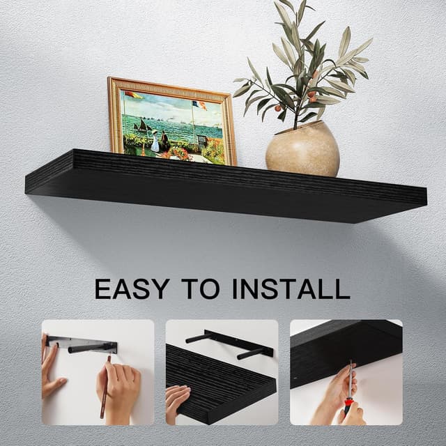Detalle 2 de STOREMIC Floating Shelves Black 60cm (Set of 2) – Easy to install wall shelves for bedroom, bathroom, office and living room