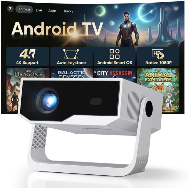 Detalle de Smart Mini Beamer Android 14 mit WiFi 6, Bluetooth 5.2 und Auto-Trapezkorrektur – Smart Mini Beamer für Full-HD-Heimkino