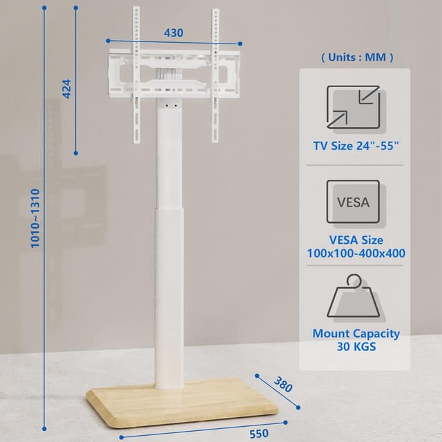 Detalle de 5Rcom Rollbarer TV-Ständer mit verdeckten Rollen, schwenkbar & höhenverstellbar (24–55 Zoll, bis 30 kg, VESA max. 400×400) – weiß