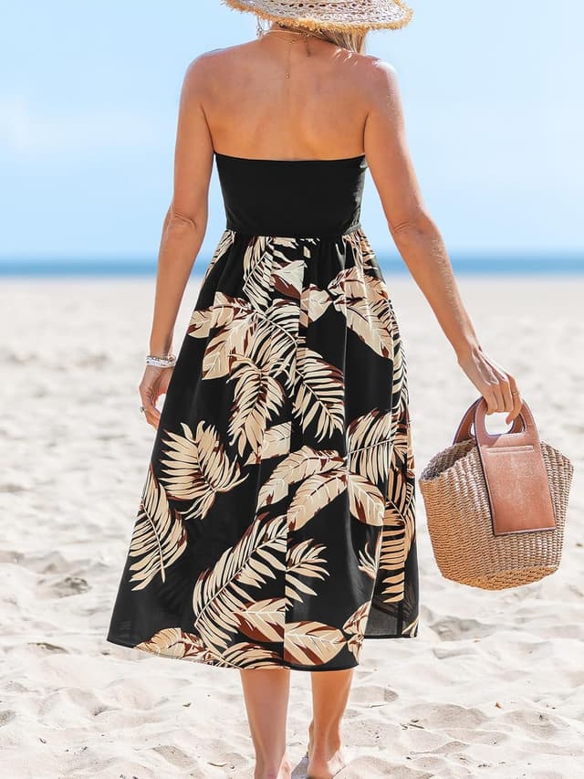 Detalle 2 de CUPSHE Robe d’été mi-longue trapèze pour femme, col en cœur, sans manches, ourlet fendu