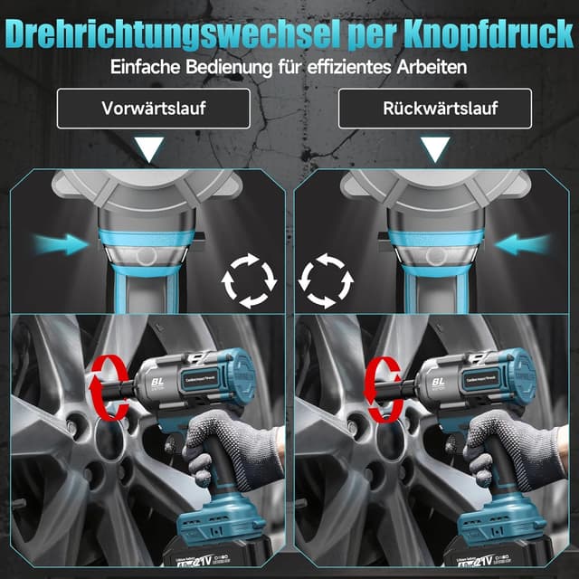 Detalle 2 de Yofuly 1100 Nm Akku-Schlagschrauber 1/2" bürstenlos – mit 2×4000 mAh Akku, 5 Stecknüssen, Verlängerung & Koffer
