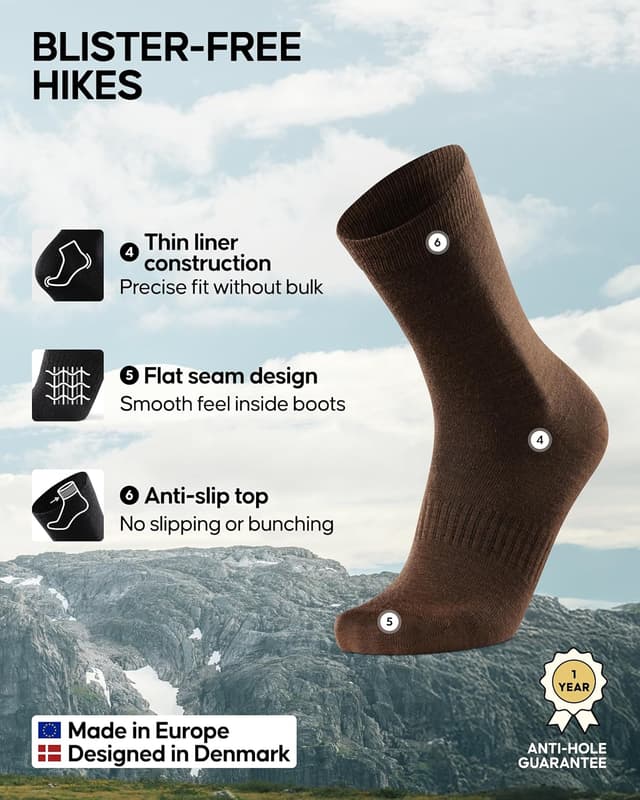 Detalle de Danish Endurance Merino Wool Hiking Liner Socks (2-Pack) – low-bulk blister-preventing liner socks