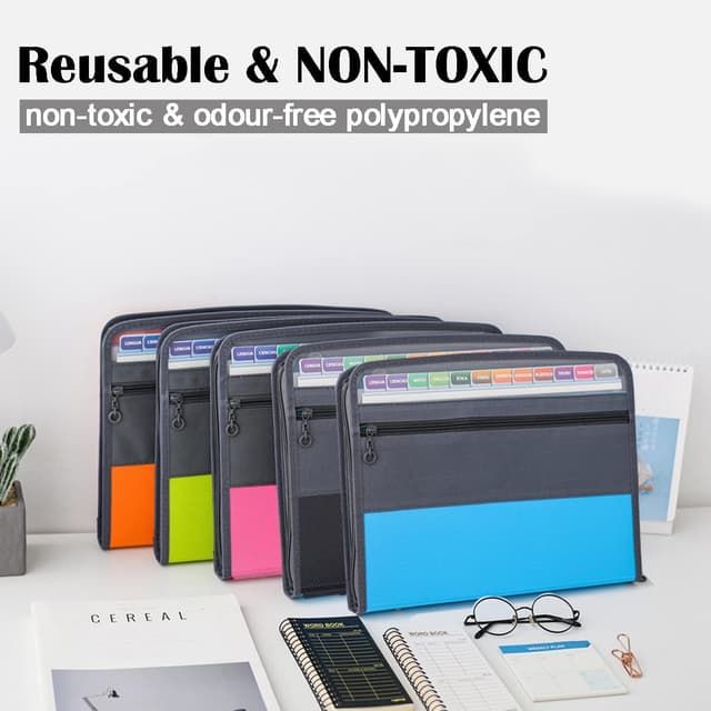 Detalle de TRANBO Akkordeon-Aktenordner mit Reißverschluss – Fächermappe mit 13 Fächern für A4, Etiketten, Bleistifttasche