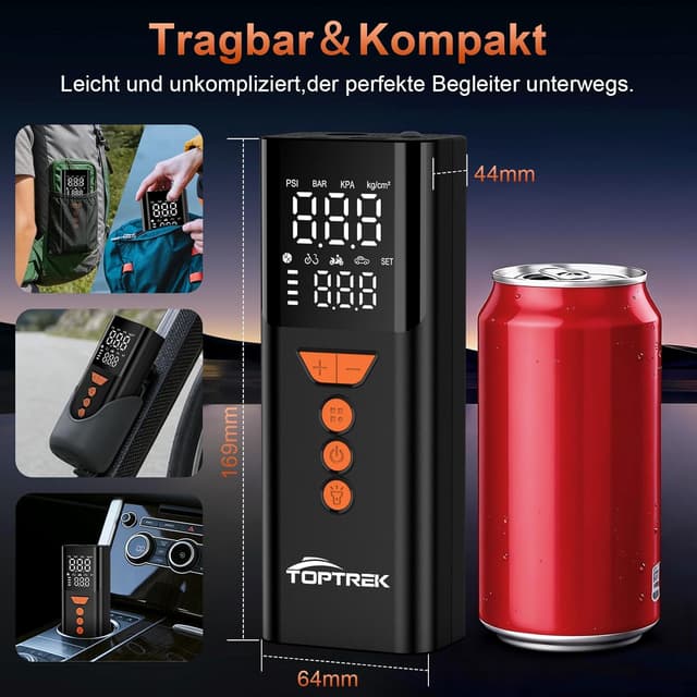 Detalle de toptrek Elektrische Luftpumpe (150 PSI) kabellose Akku-Fahrradpumpe mit LED, Powerbank-Funktion & USB‑C