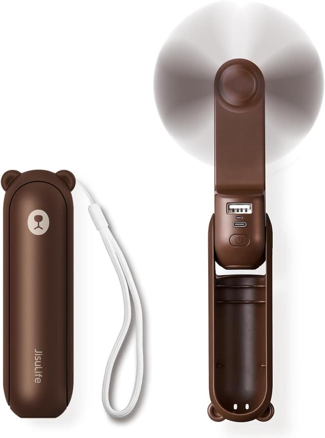 Detalle de JISULIFE Mini Handventilator 3‑in‑1 mit USB-Ladung, Powerbank & Taschenlampe