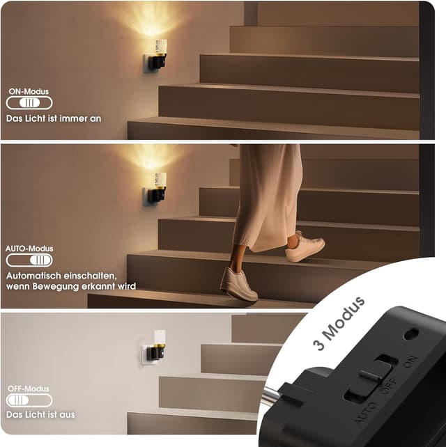 Detalle de JandCase Nachtlicht-Steckdose mit Bewegungsmelder und 3 Modi (AUTO/AUS/EIN), dimmbar 0–100 lm, 3000K
