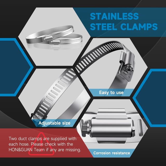 Detalle de Hon&Guan ø100 mm Abluftrohr (2,5 m) für mobile Klimaanlage, Trockner & Co. – flexibler PVC/Alu-Schlauch mit 2 Edelstahl-Schlauchschellen