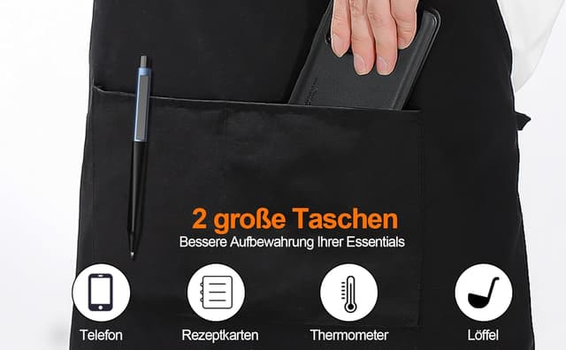 Detalle de LEBEXY Kochschürze aus Baumwolle, einfarbig schwarz – mit zwei großen Taschen
