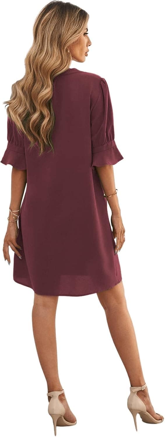Detalle de Famulily Women’s V Neck Half Sleeve Shirt Dress midi-style casual summer dress (S–XXL)
