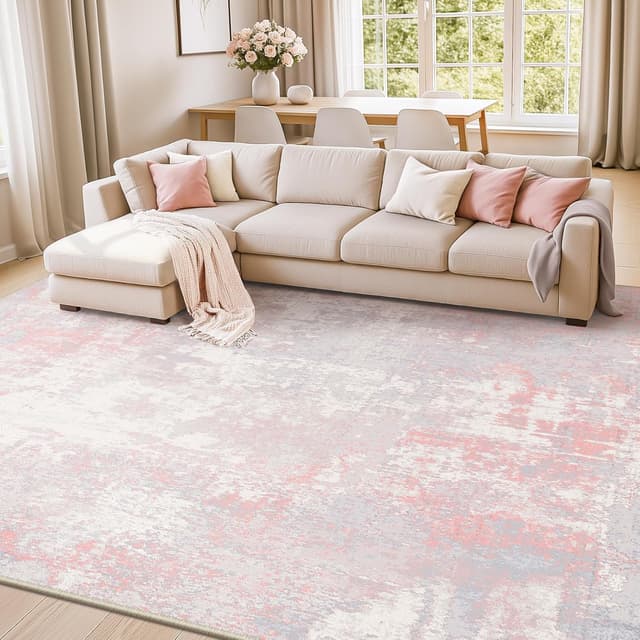 Thumbnail 6 de RELEANY Washable Area Rugs 8'x10' Non-Slip Modern Abstract (Grey Pink) — Tides Series
