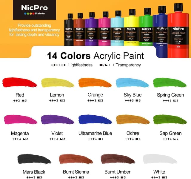 Thumbnail 6 de Nicpro 14-Colour Large Bulk Acrylic Paint Set (500ml/16.9 fl oz) for multi-surface crafts and canvas work