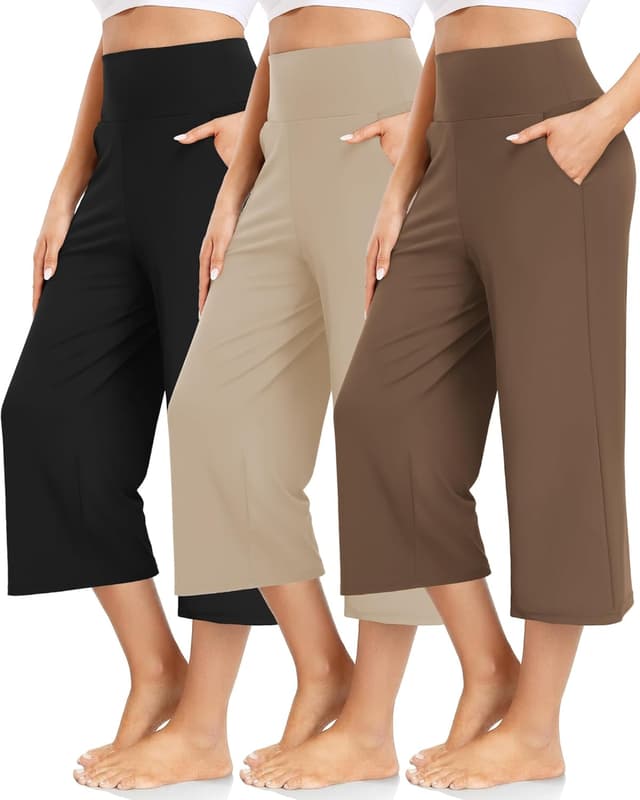 Detalle de FULLSOFT 3-Pack Women’s Wide-Leg Yoga Pants (High Waisted, Deep Pockets)
