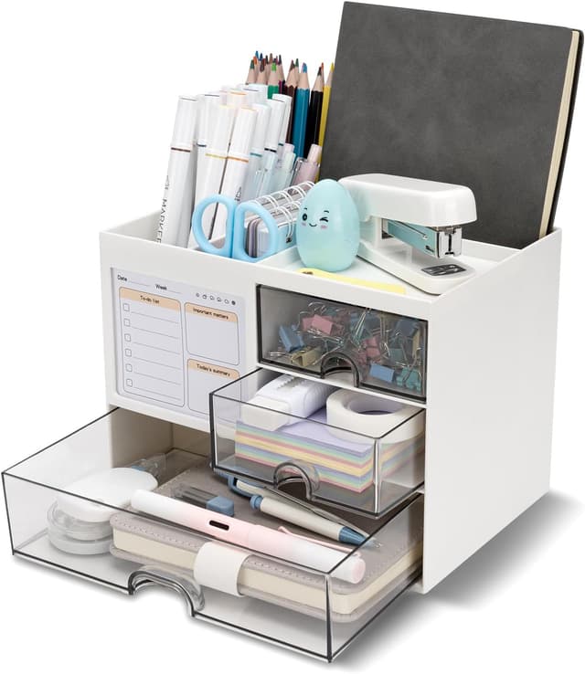 Detalle de RISEMART Schreibtisch-Organizer mit 3 Schubladen und 5 Fächern – Stifthalter, Ablage & stapelbare Ordnung für Büro und Zuhause