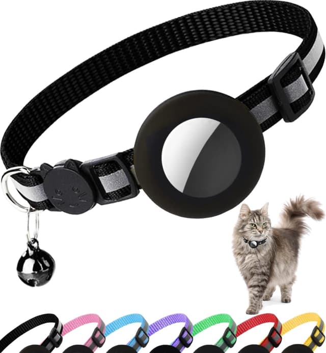 Detalle de Airtag Cat Collar Breakaway Reflective Kitten Collar (Black) with AirTag holder and bell