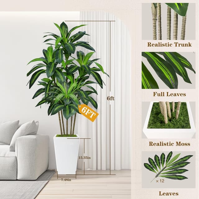 Detalle de 6FT Artificial Dracaena Tree in White Pot — Tall Fake Indoor Tree for Home & Office Decor