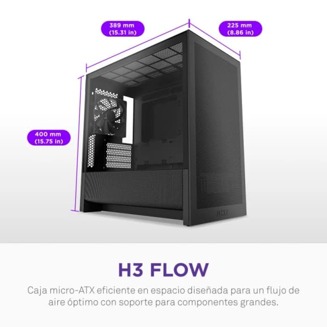 Thumbnail 3 de NZXT H3 Flow Negro — Torre Micro ATX con vidrio templado 🖥️