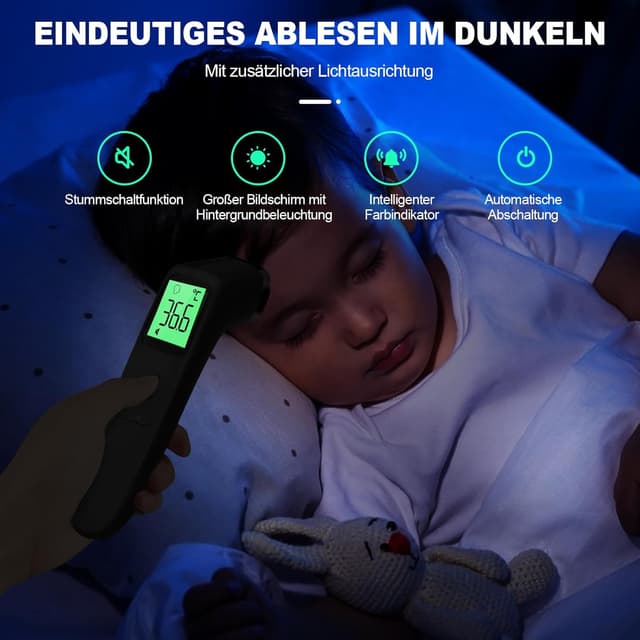 Detalle 2 de Kontaktloses Fieberthermometer (Stirnthermometer) mit LCD-Anzeige und 35 Speicherabruf – Tiefschwarz