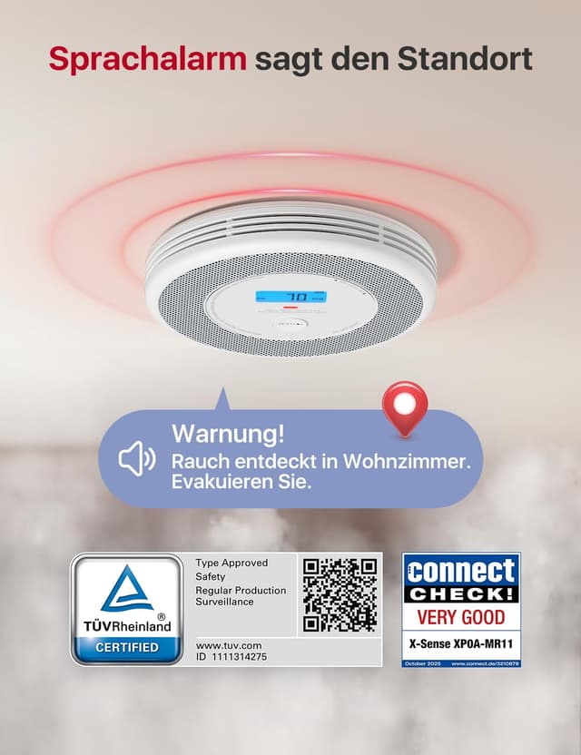 Thumbnail 1 de X-Sense WLAN-Rauch- und Kohlenmonoxidmelder mit Sprachalarm (SBS50-Basis), XP0A-MR11 – 2-in-1