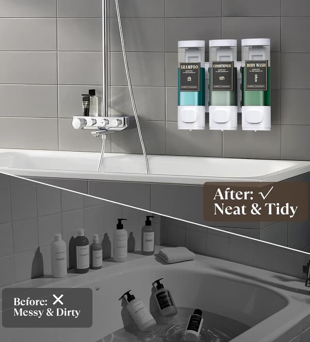 Detalle de Luxspire 3-Chamber Wall Mounted Shampoo & Conditioner Dispenser (No-Drill), White