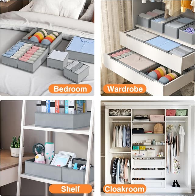 Detalle de Homsorout Kleiderschrank-Organizer im 12er-Set: faltbare Schubladenboxen für Kleidung, Socken & BHs (Grau)