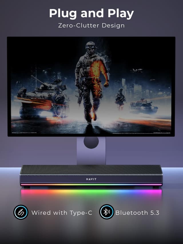 Detalle de havit PC Speakers 20W Bluetooth V5.3 Soundbar with 3D Surround (USB-powered, RGB)
