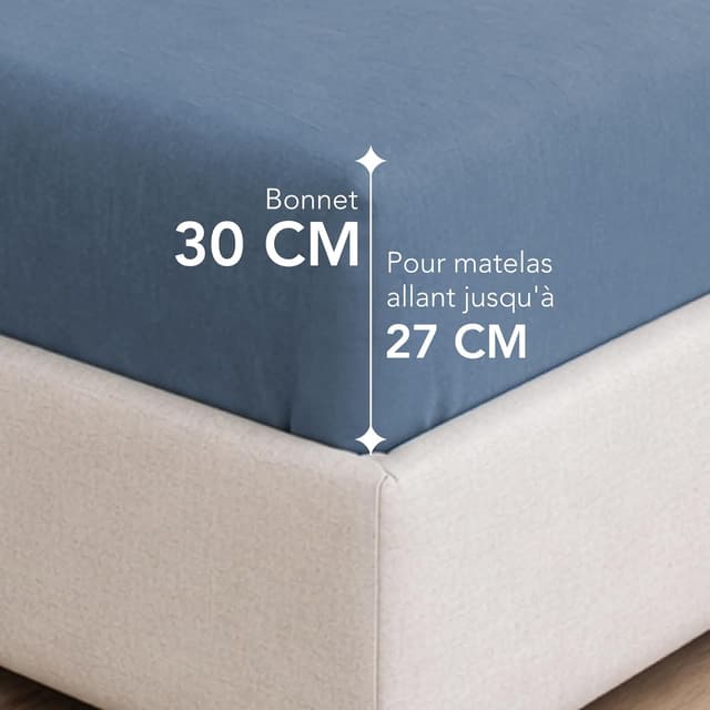 Detalle de Dreamzie Drap housse 160 x 200 en coton jersey extensible avec bonnet 30 cm (Oeko-Tex) – Bleu