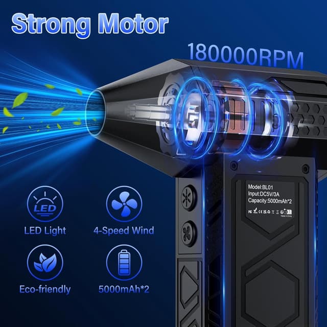 Detalle de Elettrico senza fili per rimuovere polvere a aria compressa, 4 velocità, fino a 180.000 giri/min e illuminazione ausiliaria