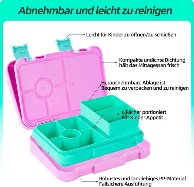 Detalle de QCQHDU Brotdose für Kinder mit 6 Fächern (Bento Box) – auslaufsicher, BPA-frei, spülmaschinenfest, blassrosa