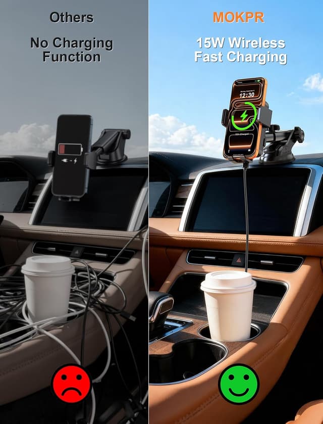 Detalle 2 de MOKPR Car Phone Holder Wireless Charger (15W) with Auto-Clamping Arms, 360° Rotation