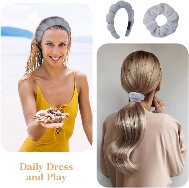 Detalle 2 de Alaoo Fascia Capelli Donna Trucco: set da 4 pezzi per lavare il viso, applicare il trucco e fare la doccia (grigio)