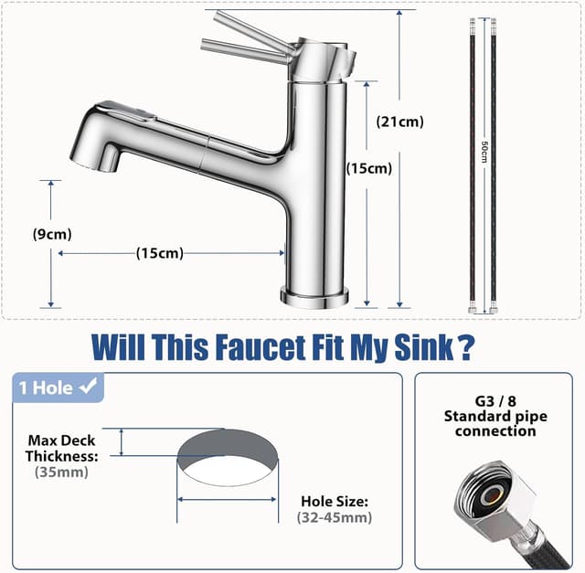 Detalle de HURRAN Rubinetto da bagno estraibile con miscelatore monocomando e 2 modalità di flusso in acciaio inox cromato