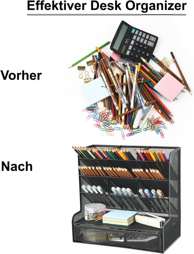 Detalle de Marbrasse Mesh Desk Organiser with Drawer (9 Compartments) for Pens, Stationery & Small Supplies