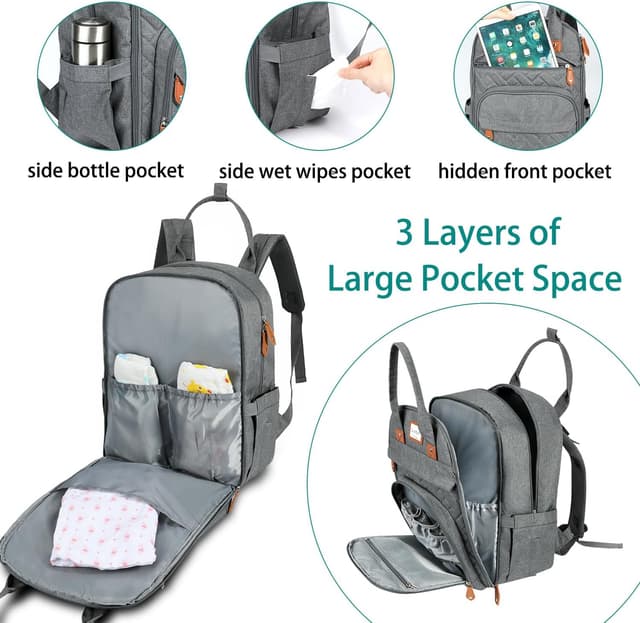 Detalle de LANDICI Baby Changing Bag Backpack (Large) in Grey — with Changing Mat, Stroller Straps & Pacifier Case