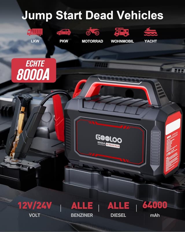 Detalle de GOOLOO GT Truck Plus Starthilfe Powerbank – 8000A für 12V/24V (PD 65W, LiFePO₄)