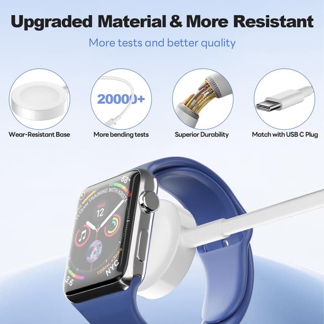 Detalle de WeiShip USB‑C Apple Watch Charger Cable (2‑Pack, magnetic, 3ft + 3ft/white) for Series 1–11, SE & Ultra