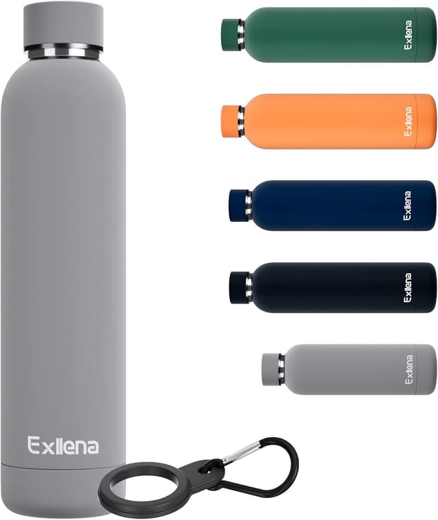 Detalle de Exllena 750ml insulated water bottle with clip, double-wall vacuum stainless steel (BPA-free) – grey