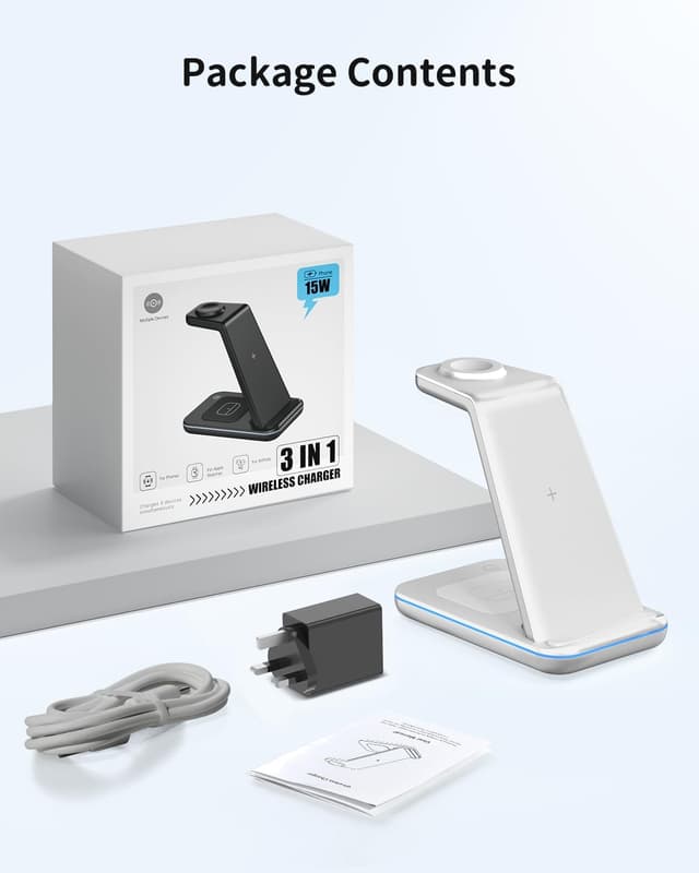 Detalle 2 de GEEKERA 3-in-1 Wireless Charging Station (Silver) for iPhone, Apple Watch & AirPods