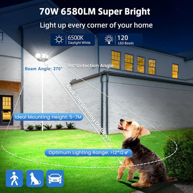Detalle de MEIHUA 70W Outdoor Security Lights with PIR Motion Sensor (6580LM, IP66, 4 Modes, Remote Control)