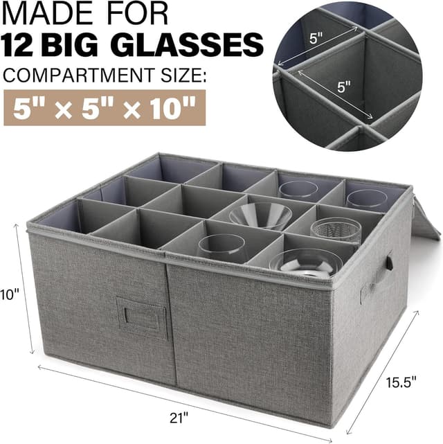 Detalle de LotFancy Stemware Storage Container (21”x15.5”x10”) with Dividers, Handles, Stackable & Foldable Hard Shell — Grey