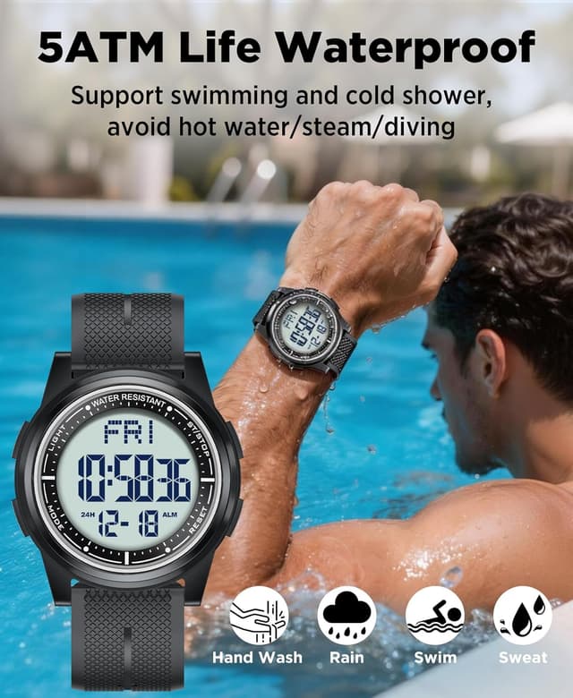 Detalle de WIFORT Mens Waterproof Digital Sports Watch (5ATM) with Countdown, Dual Time, Stopwatch & Backlight