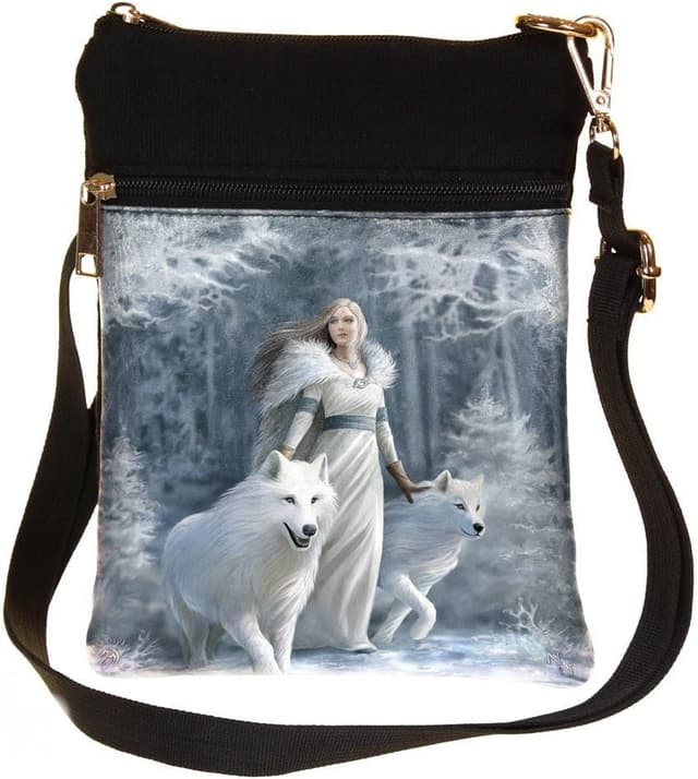 Detalle de Nemesis Now Winter Guardians Anne Stokes 23cm Shoulder Bag (White) in PU and Canvas