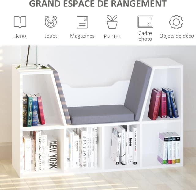 Detalle de HOMCOM bibliothèque-banc 2 en 1 avec coussins de siège et étagère cube 6 compartiments gris
