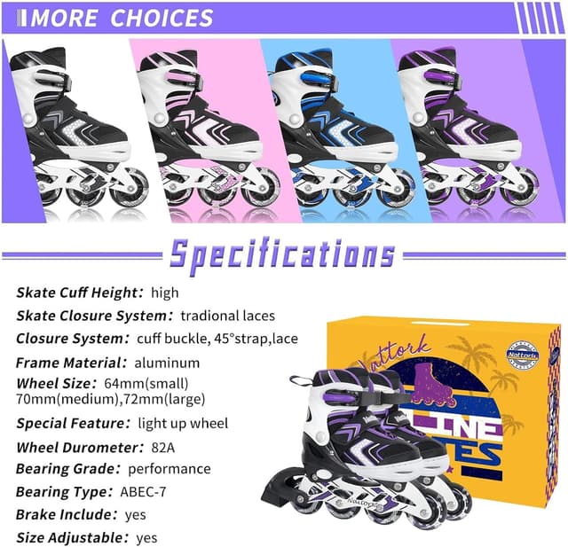 Detalle de Nattork Adjustable Inline Skates for Kids (4-Size Fit) with Light-Up Wheels, Beginner Roller Skates