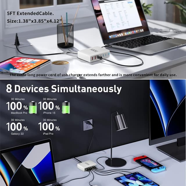 Detalle 2 de USB C Charger 500W 8-Port GaN3 Charging Station (Dual 100W PD PPS) for Laptop, iPhone & iPad