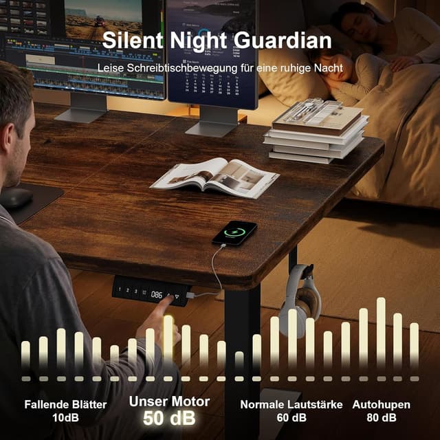 Thumbnail 3 de JUMMICO höhenverstellbarer Schreibtisch 200 x 80 cm (Steh-Sitz) mit Kabelwanne, elektrisch & USB – Vintage-Braun